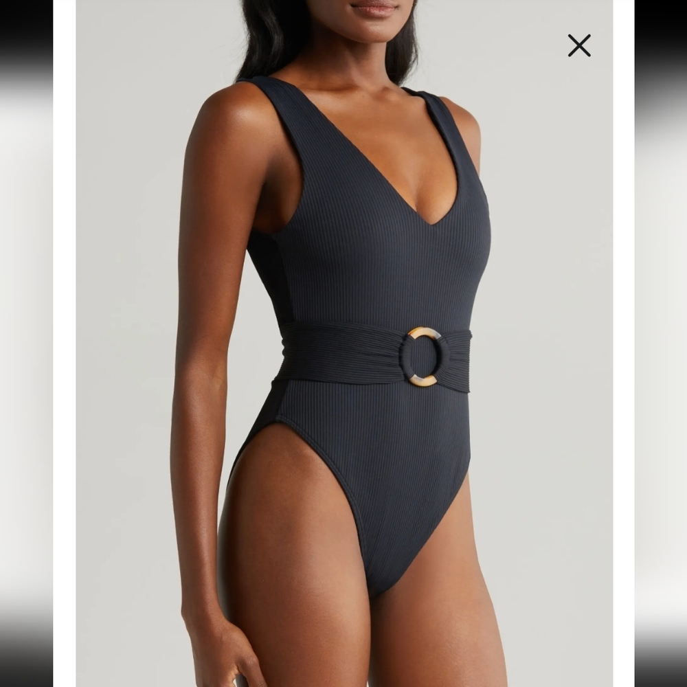 MONTCE KIM BELTED RIB ONE PIECE SWIMSUIT IN BLACK RIB/SZ:LARGE - Picture 3 of 11